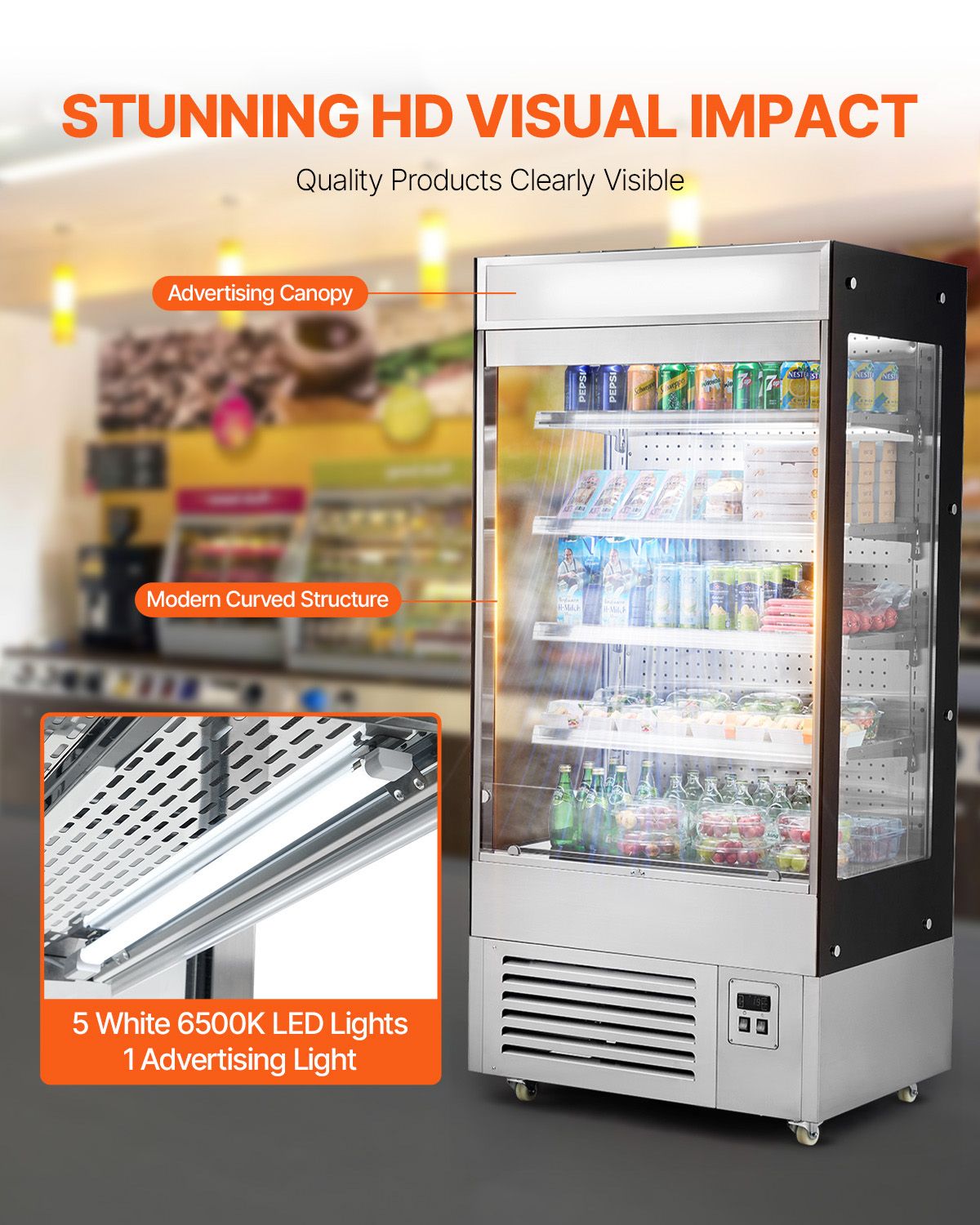 Open Air Merchandiser Commercial Refrigerator with Air Curtain and LED Display