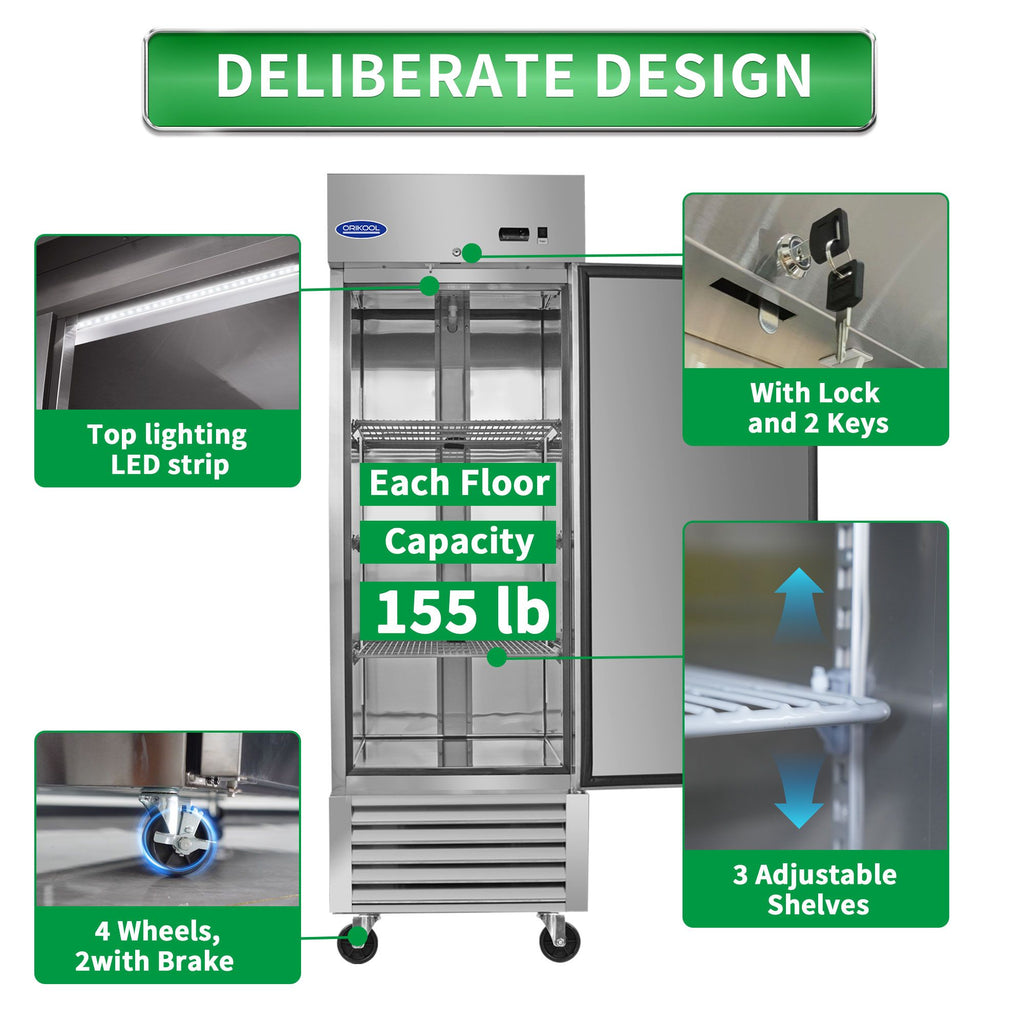 ORIKOOL Commercial Freezer 23 Cu. with 1 Solid Door Reach-In Freezers Stainless