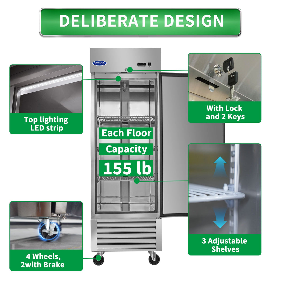 ORIKOOL Commercial Freezer 23 Cu. with 1 Solid Door Reach-In Freezers Stainless