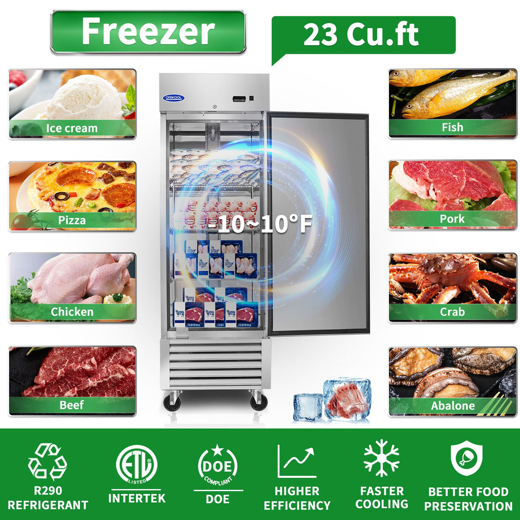 ORIKOOL Commercial Freezer 23 Cu. with 1 Solid Door Reach-In Freezers Stainless
