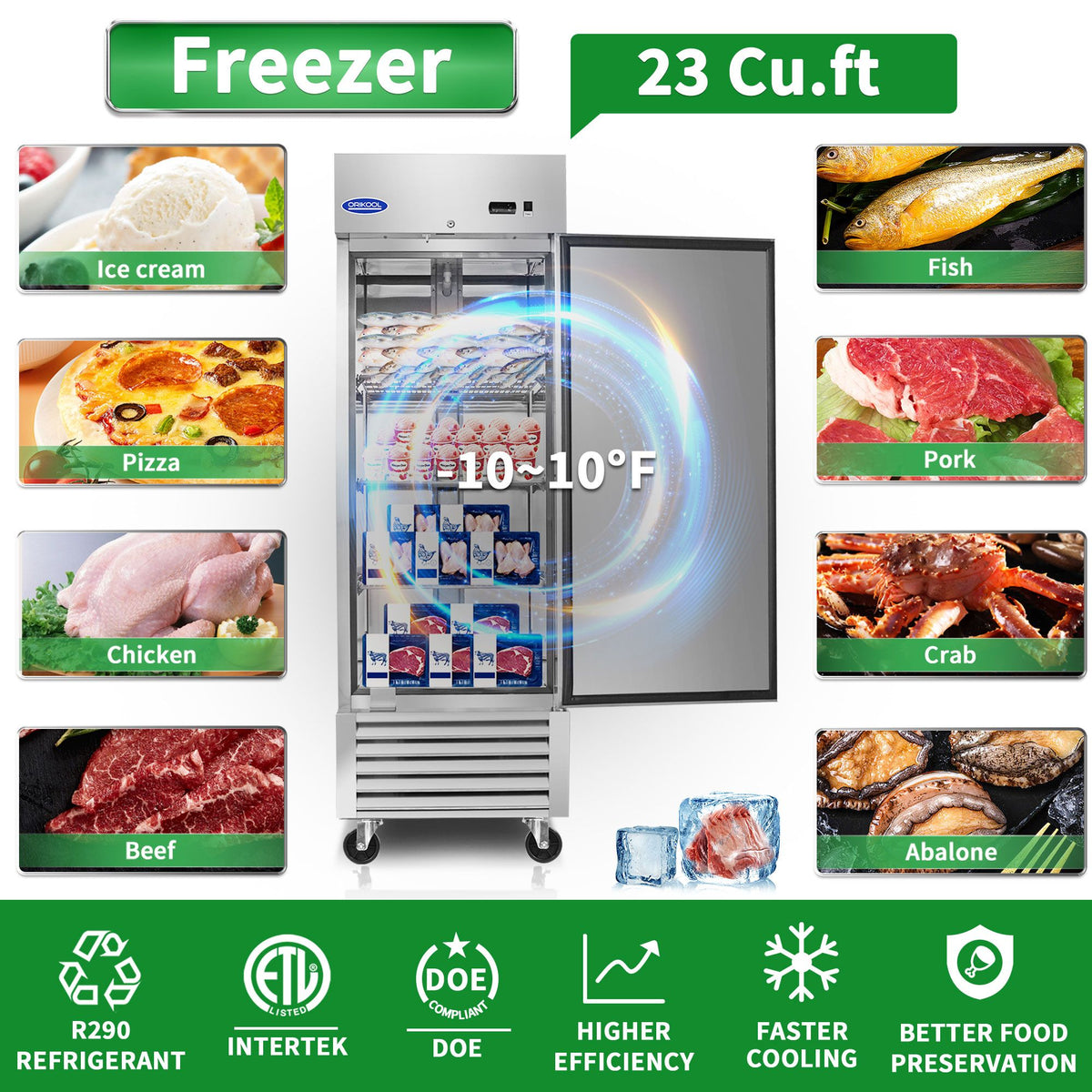 ORIKOOL Commercial Freezer 23 Cu. with 1 Solid Door Reach-In Freezers Stainless