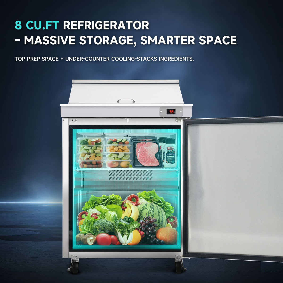 Orikool Commercial Refrigerators Sandwich&Salad Prep Table with a Butcher Block Cutting Board