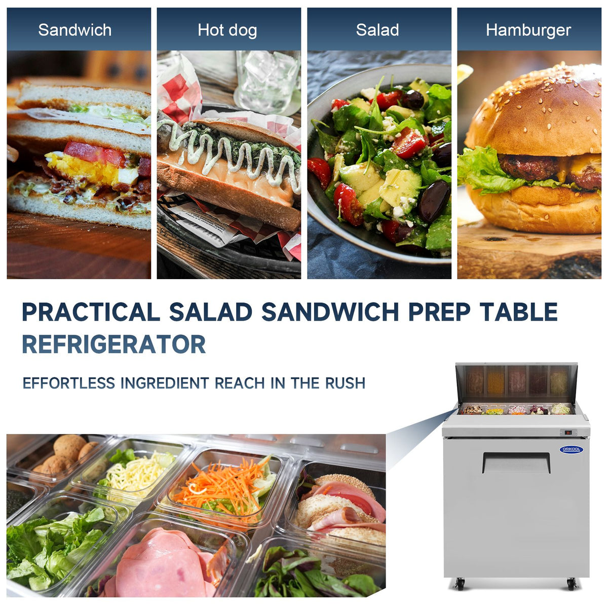 Orikool Commercial Refrigerators Sandwich&Salad Prep Table with a Butcher Block Cutting Board
