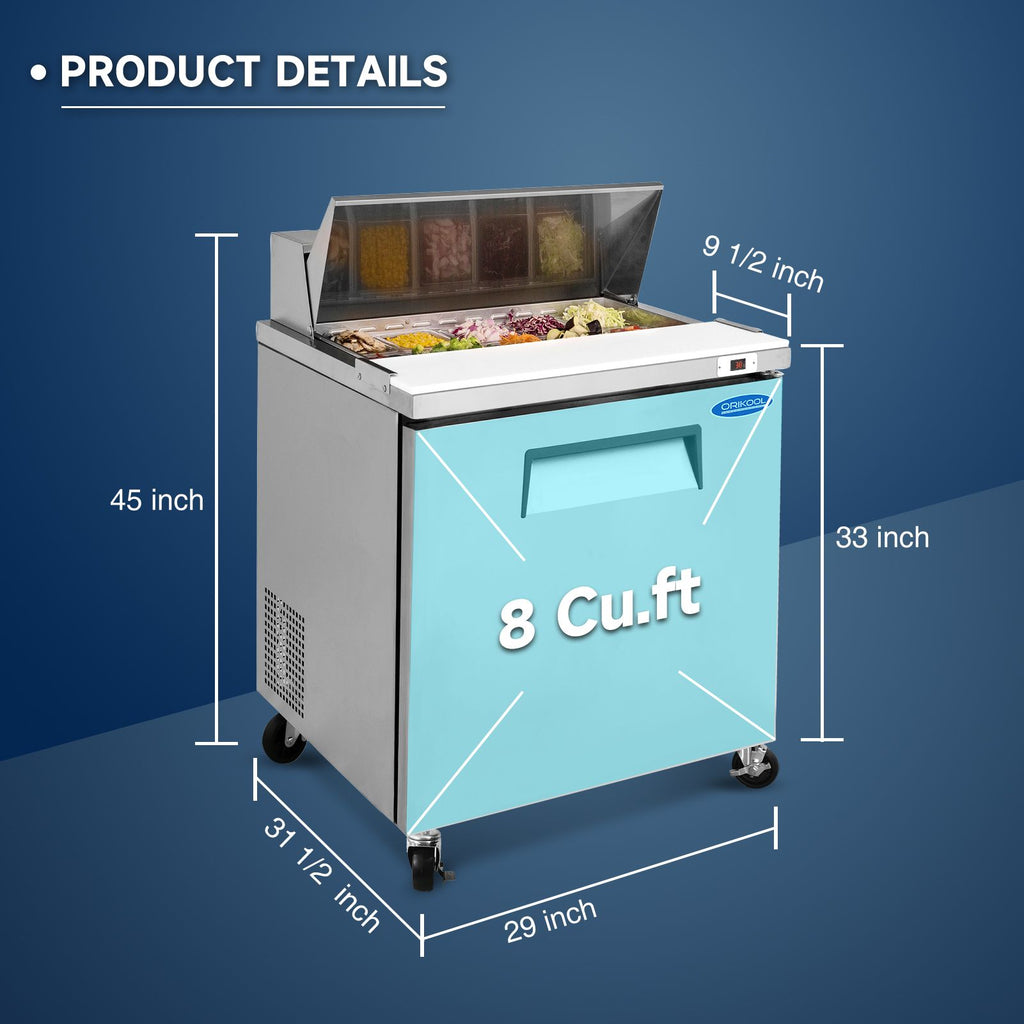 Orikool Commercial Refrigerators Sandwich&Salad Prep Table with a Butcher Block Cutting Board