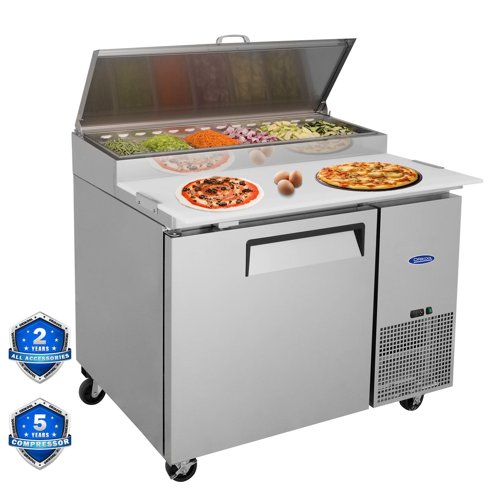 Orikool Commercial Pizza Prep Table with a Built-in Refrigerator 11 Cu., Butcher Block Cutti