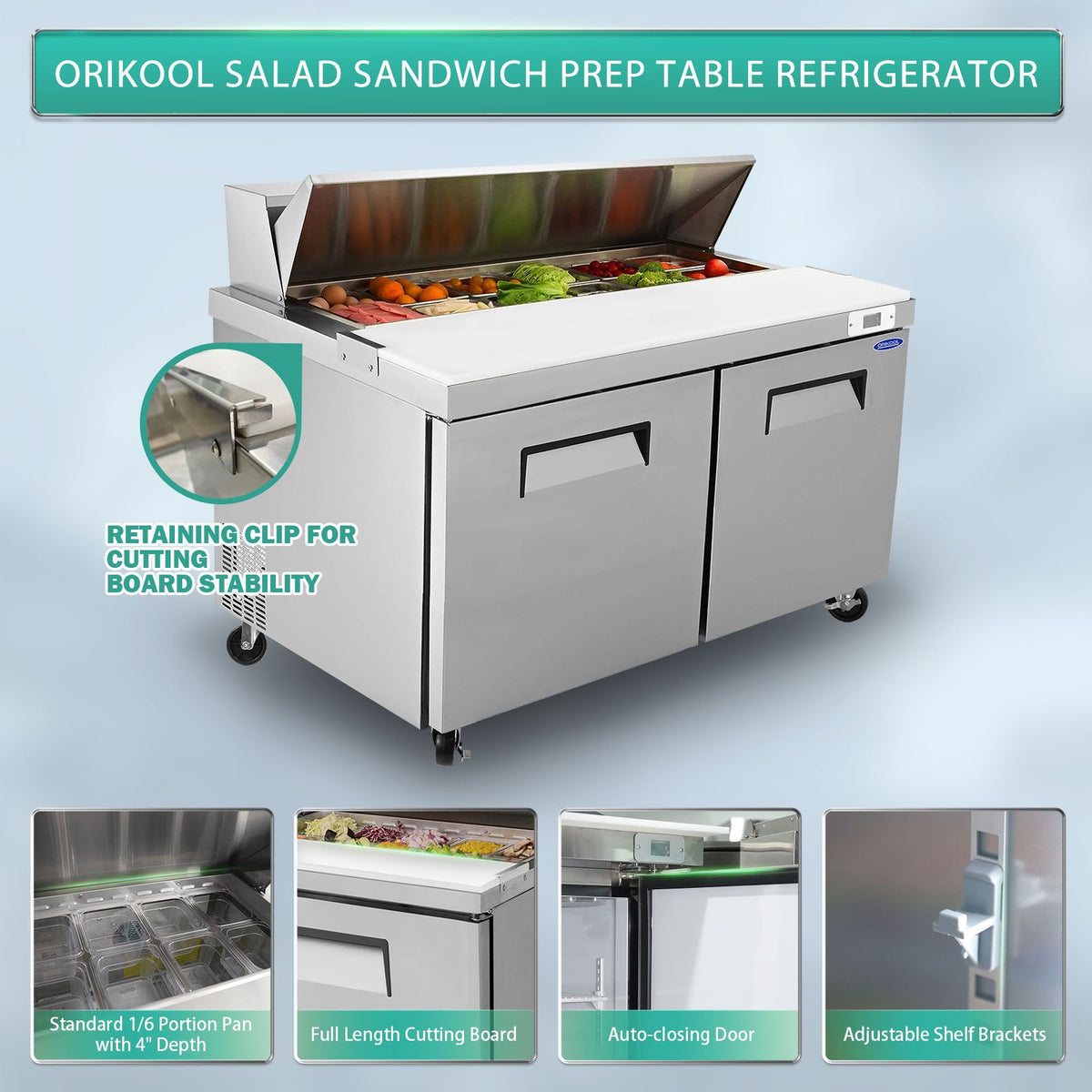 Orikool Commercial Refrigerators Sandwich&Salad Prep Table with a Butcher Block Cutting Board