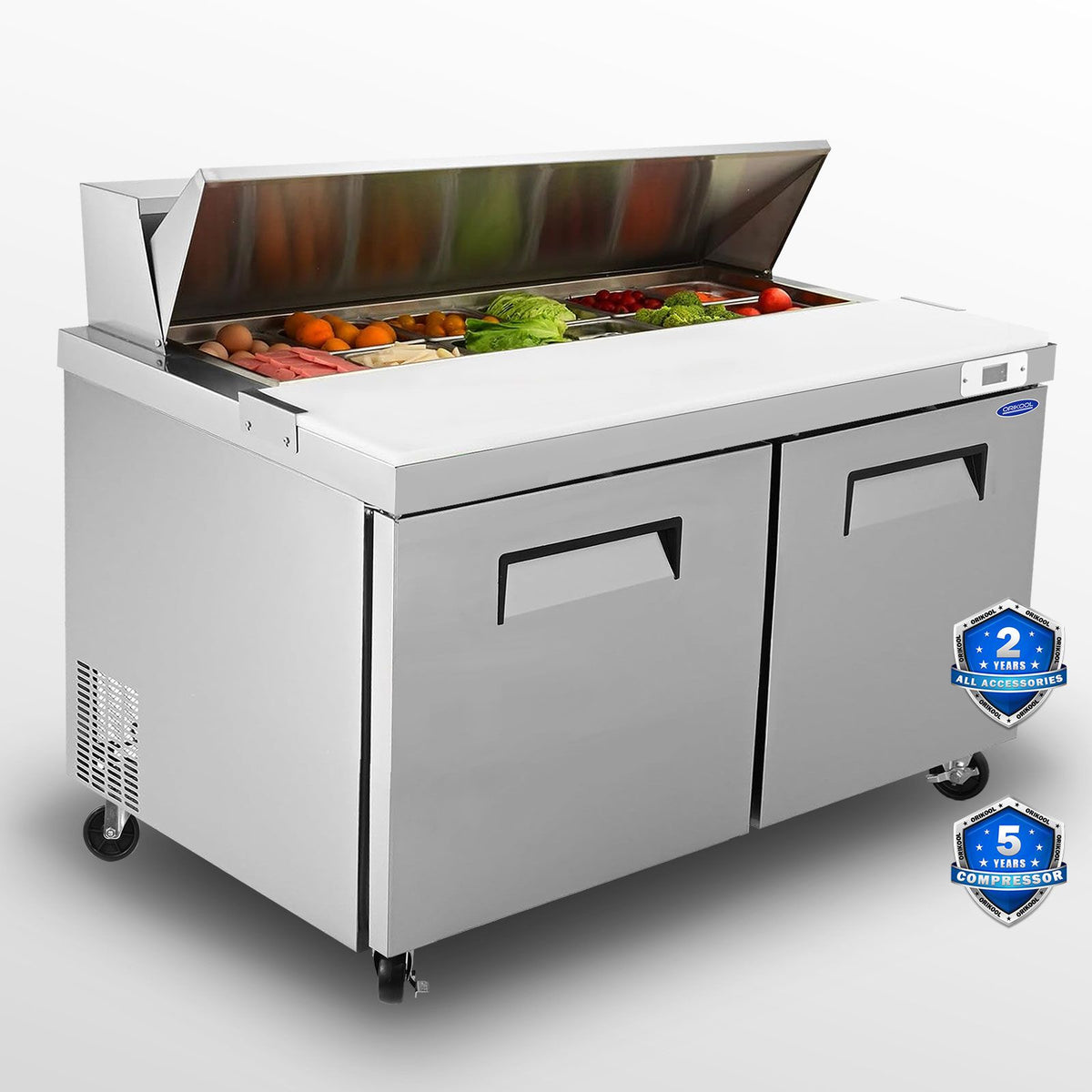 Orikool Commercial Refrigerators Sandwich&Salad Prep Table with a Butcher Block Cutting Board