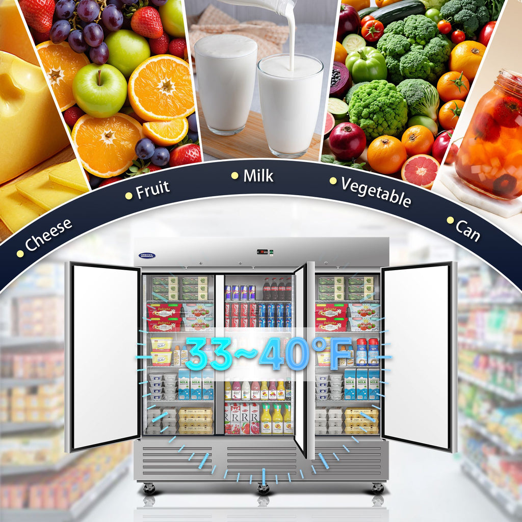 ORIKOOL 81" Commercial Refrigerator - 72 Cu., 3 Solid Doors, Energy-Saving Technology