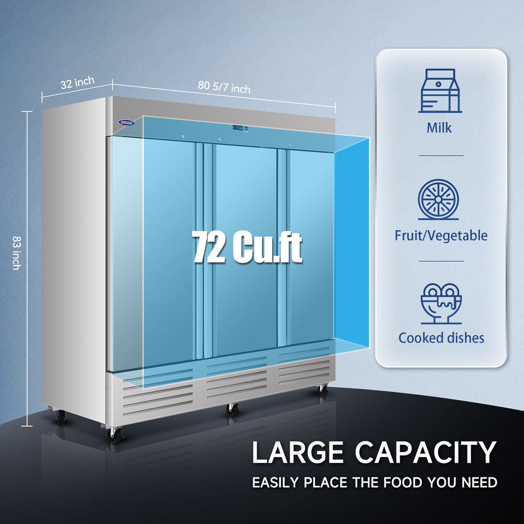 ORIKOOL 81" Commercial Refrigerator - 72 Cu., 3 Solid Doors, Energy-Saving Technology