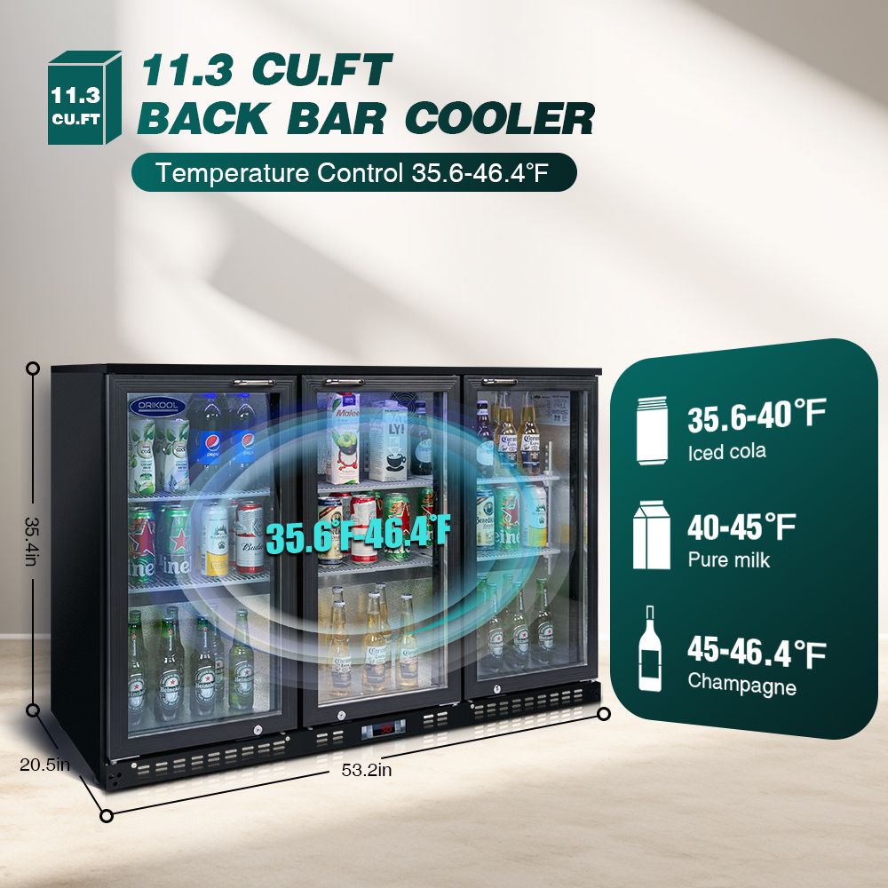 ORIKOOL Beverage Refrigerators Cooler 53 3 Glass Door Back Bar, 480 Cans Commercial Display Bar