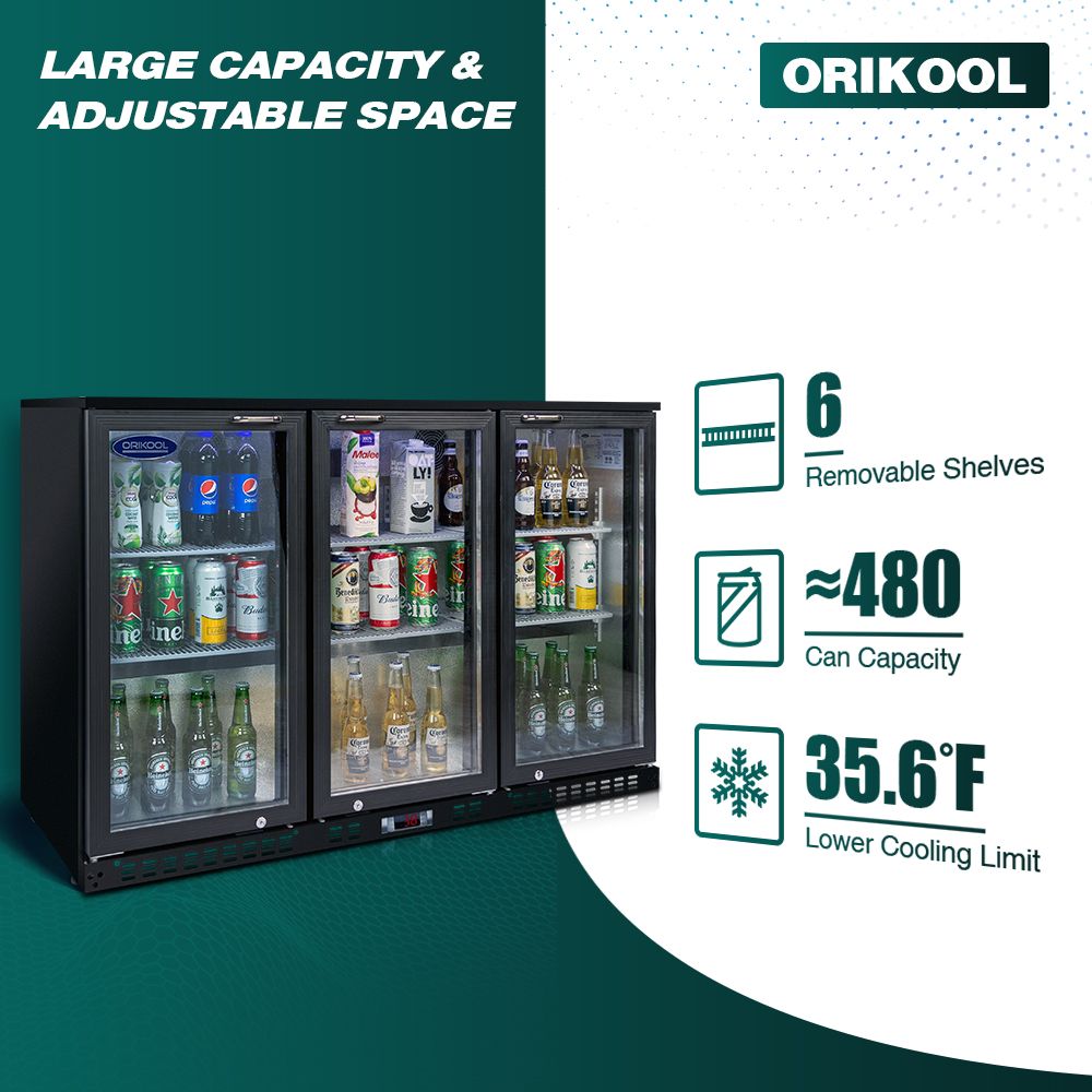 ORIKOOL Beverage Refrigerators Cooler 53 3 Glass Door Back Bar, 480 Cans Commercial Display Bar