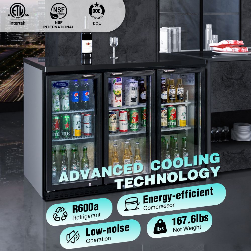 ORIKOOL Beverage Refrigerators Cooler 53 3 Glass Door Back Bar, 480 Cans Commercial Display Bar