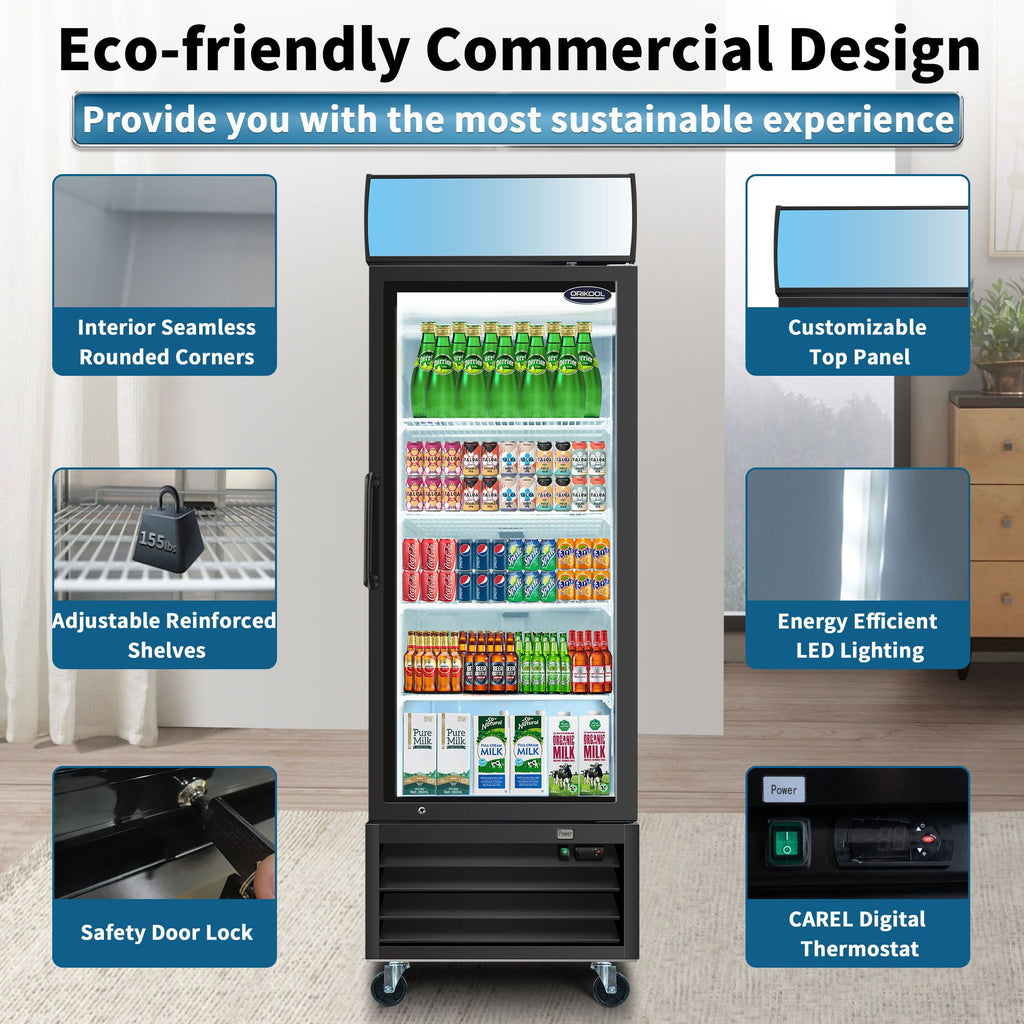 ORIKOOL 19.3 Cu. Glass Door Merchandiser Refrigerator with Customizable Top Panel and Adjustable Shelves