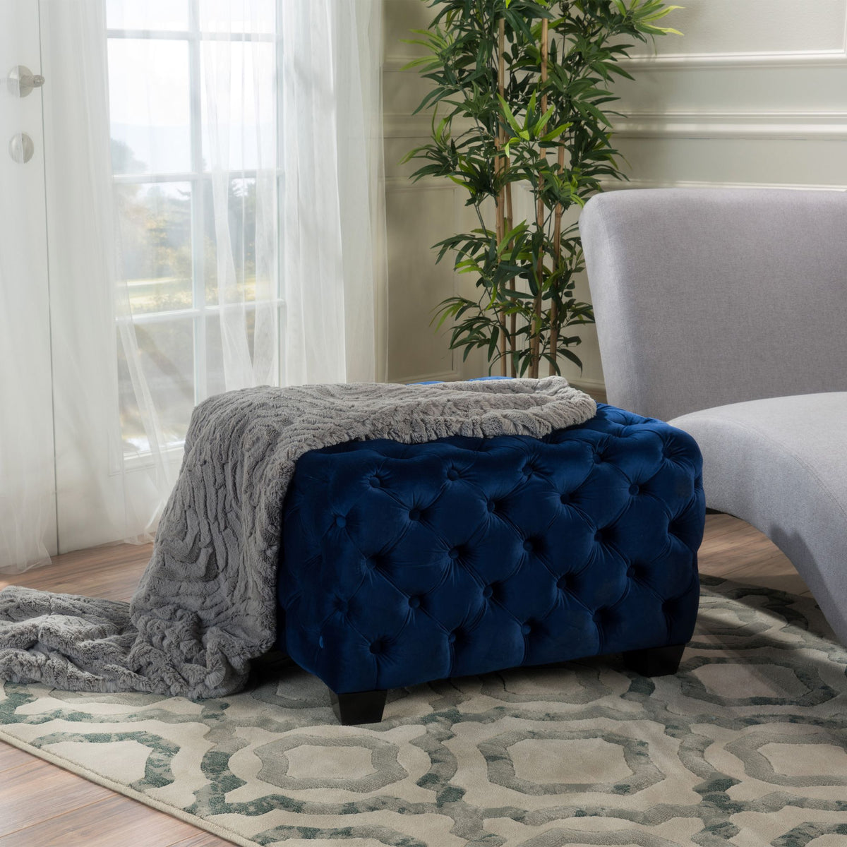 Modern Glam Velvet Ottoman with Button-Tufted Diamond Stitching