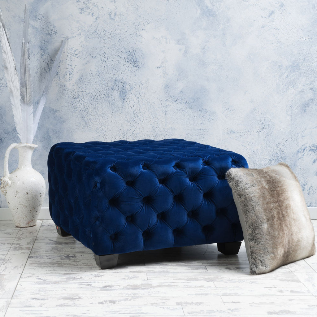 Modern Glam Velvet Ottoman with Button-Tufted Diamond Stitching