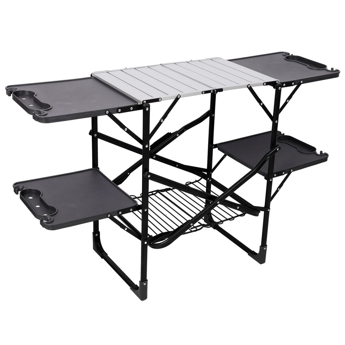 Folding Camp Cooking Station with Side Trays, Lower Rack, and Hooks