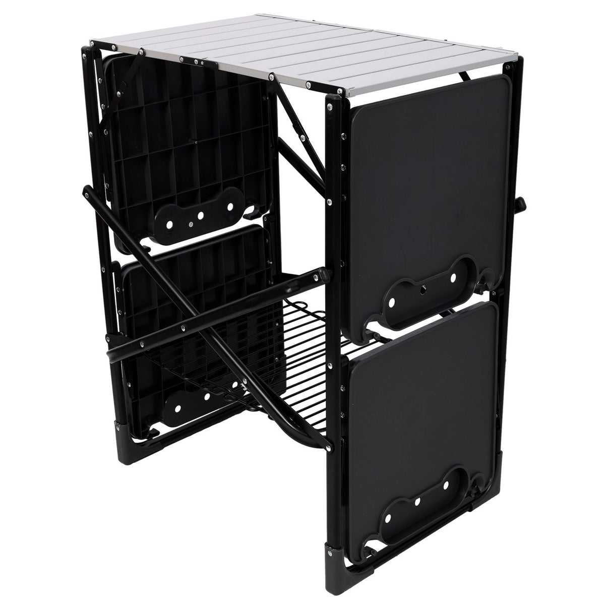 Folding Camp Cooking Station with Side Trays, Lower Rack, and Hooks