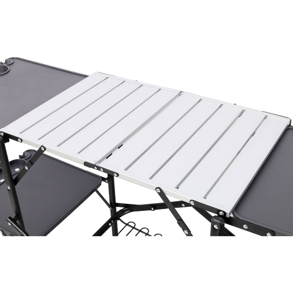 Folding Camp Cooking Station with Side Trays, Lower Rack, and Hooks