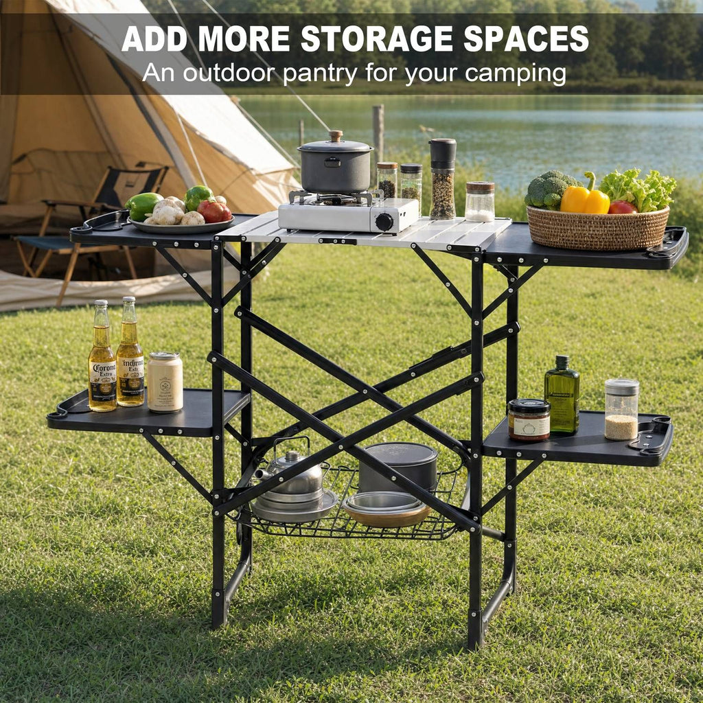 Folding Camp Cooking Station with Side Trays, Lower Rack, and Hooks