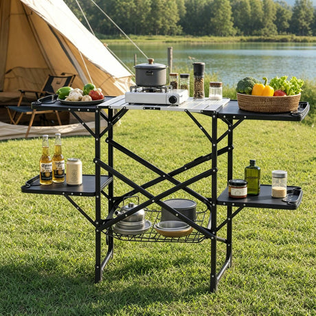 Folding Camp Cooking Station with Side Trays, Lower Rack, and Hooks