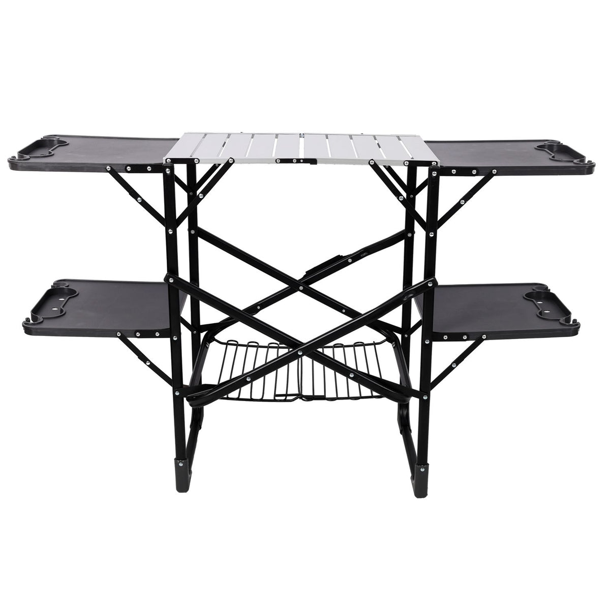 Folding Camp Cooking Station with Side Trays, Lower Rack, and Hooks
