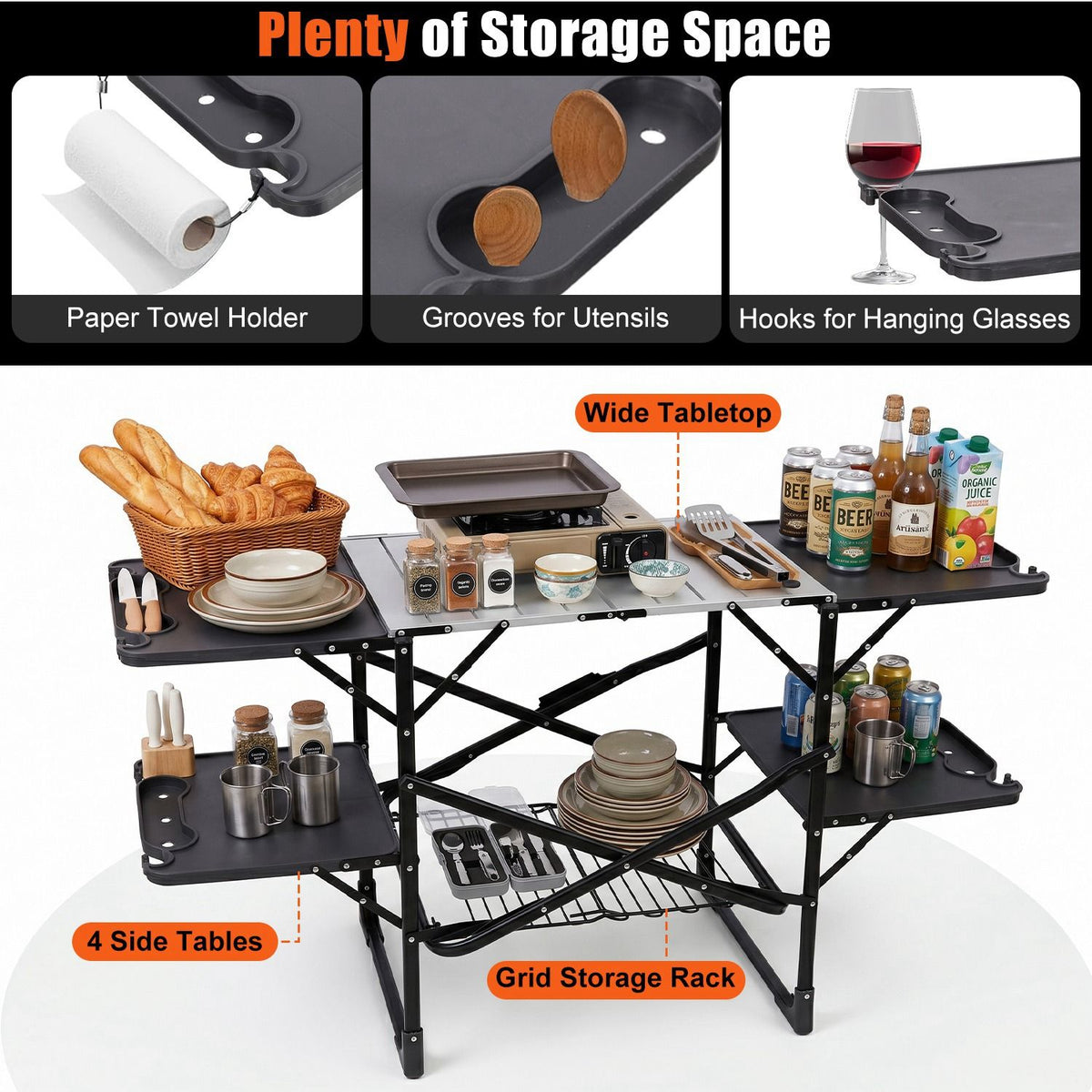Folding Camp Cooking Station with Side Trays, Lower Rack, and Hooks