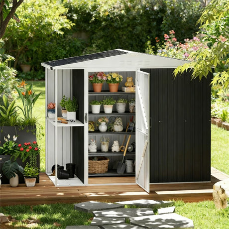 Dark Gray Garden Shed with Two-Tier Tool Rack