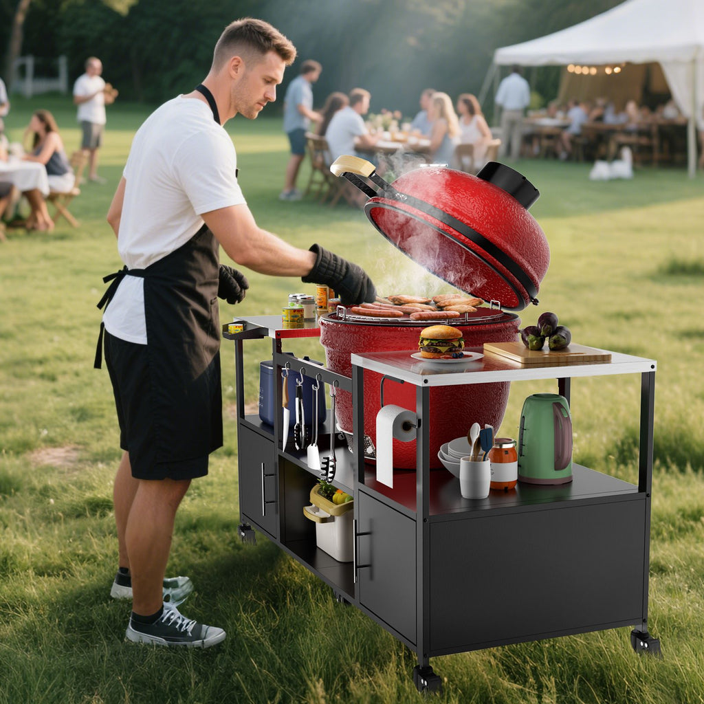 Mobile Grill Table with Enclosed and Open Storage