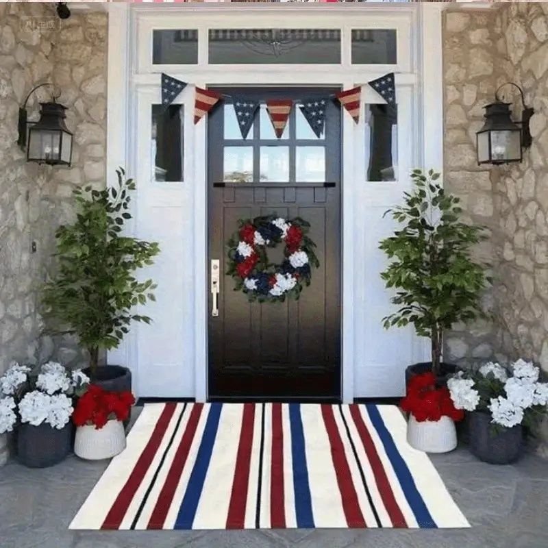 Hand-Woven Cotton Striped Outdoor Mat with Festive Red White Blue Design