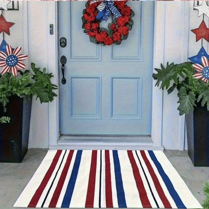 Hand-Woven Cotton Striped Outdoor Mat with Festive Red White Blue Design