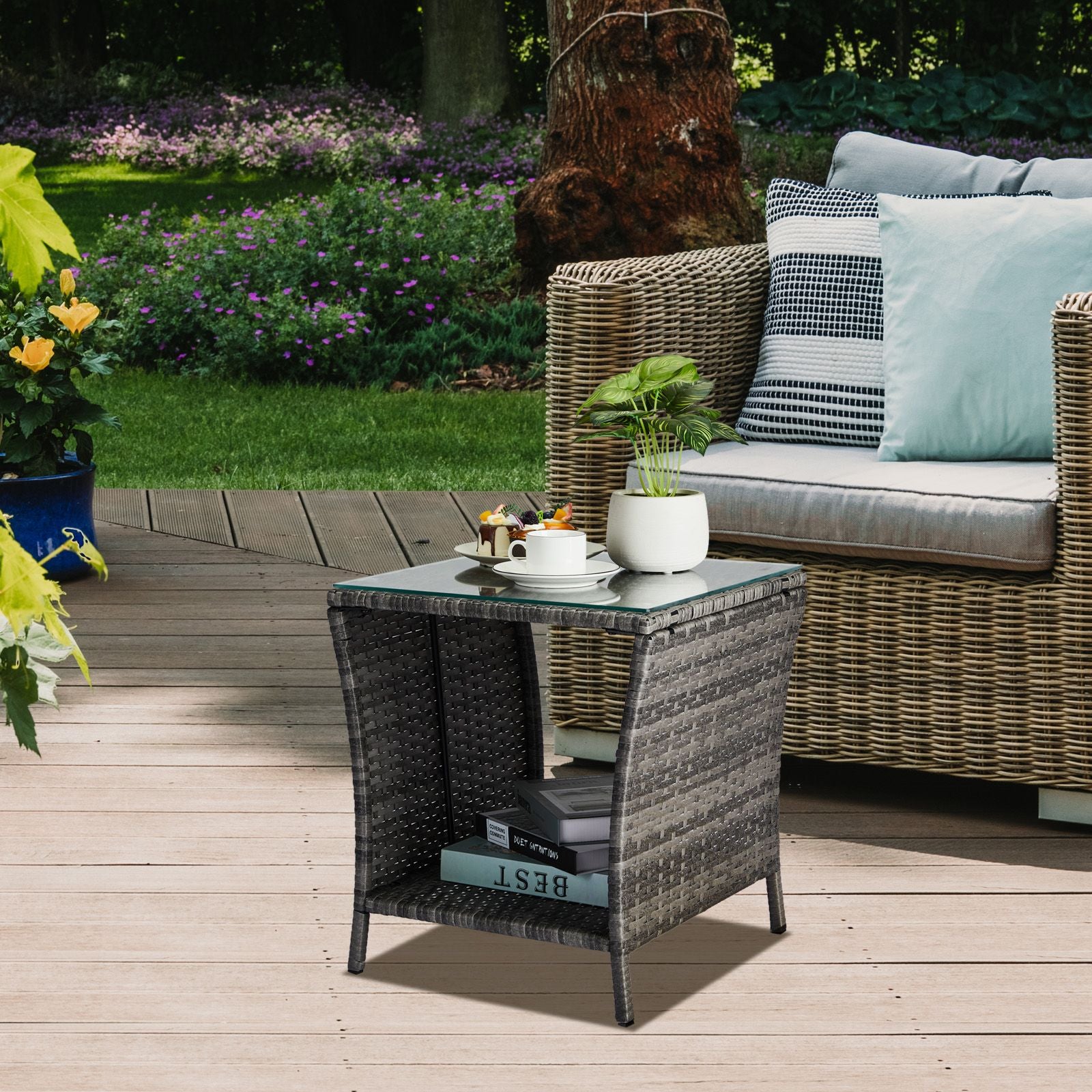 Square Patio Side Table with Lower Shelf