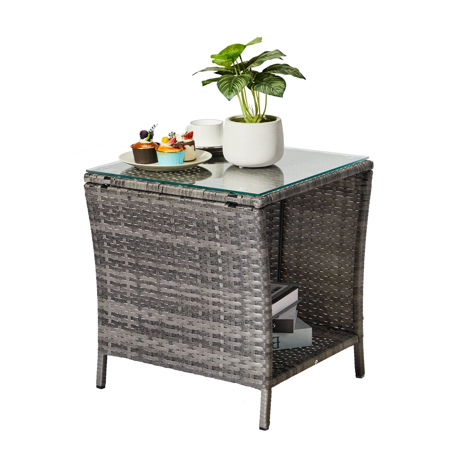 Square Patio Side Table with Lower Shelf