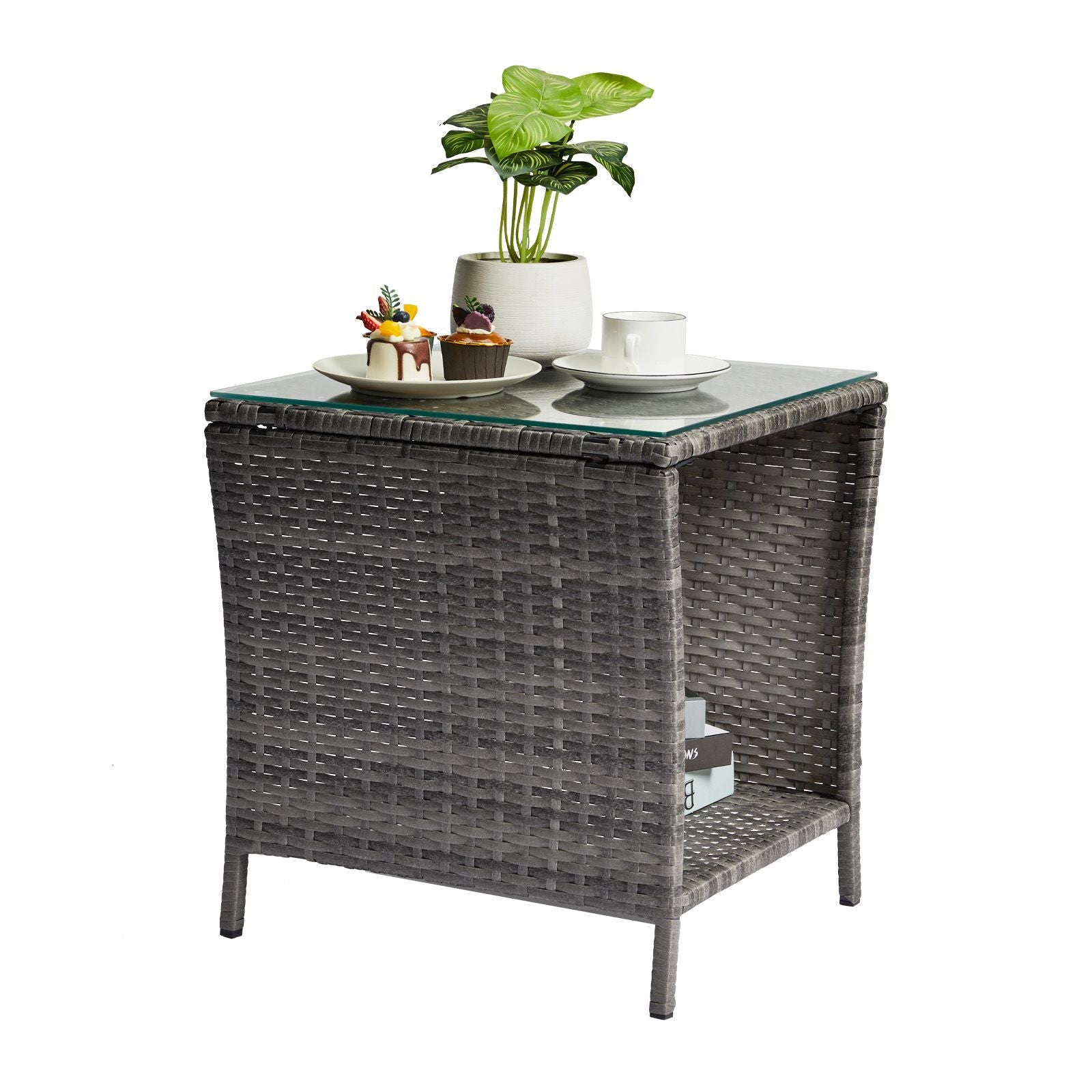 Square Patio Side Table with Lower Shelf