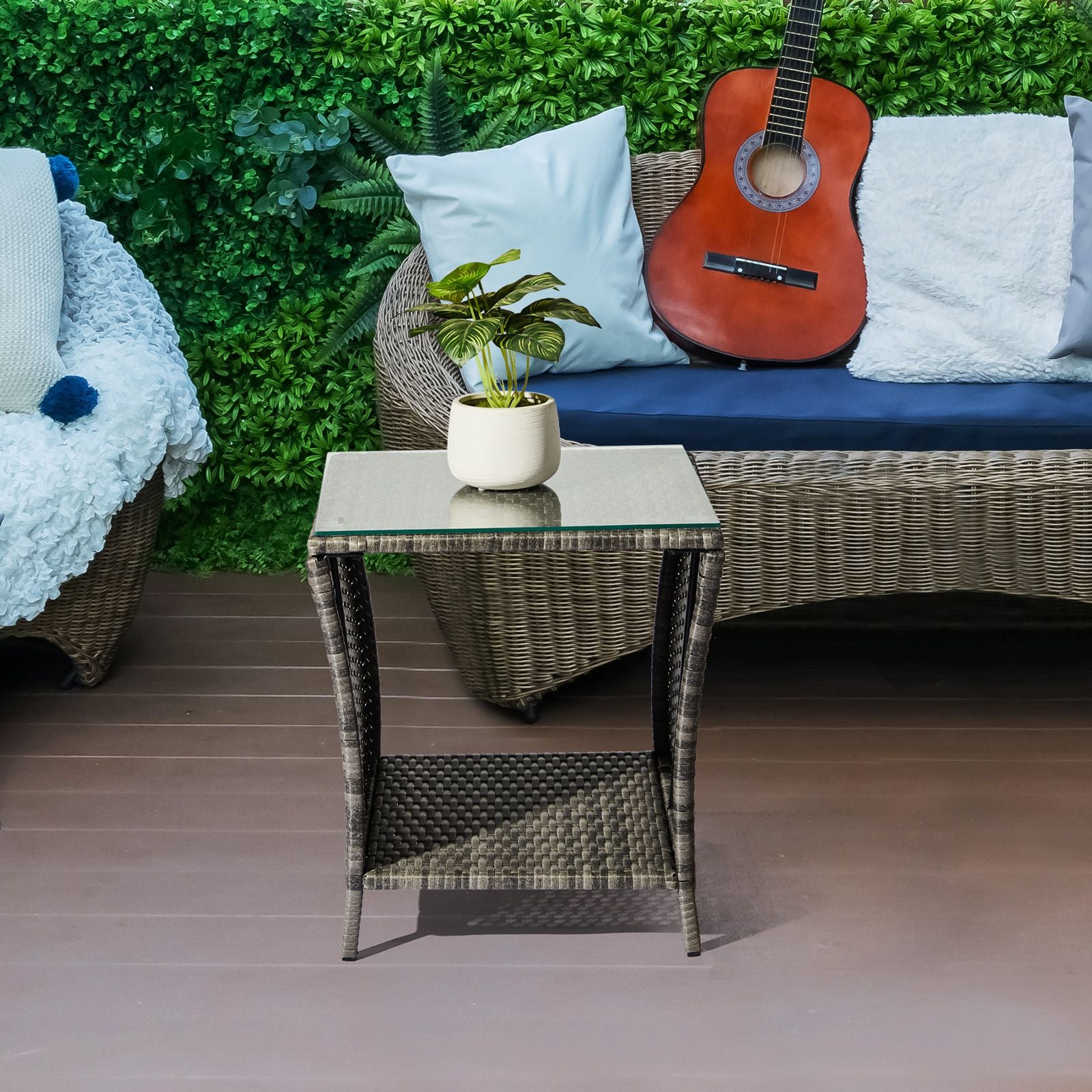 Square Patio Side Table with Lower Shelf