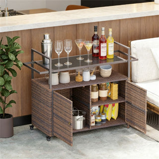Outdoor Rattan Bar Cart with Cabinet Storage and Towel Rack