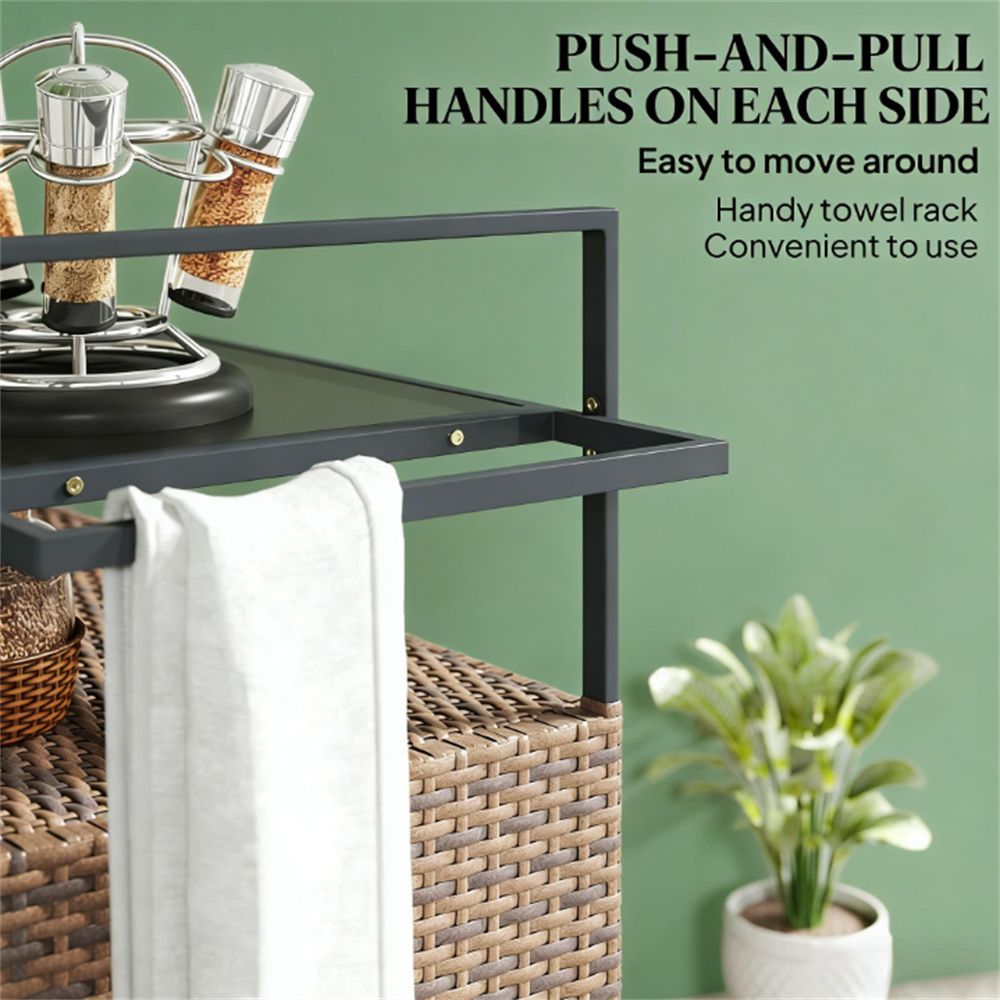 Outdoor Rattan Bar Cart with Cabinet Storage and Towel Rack
