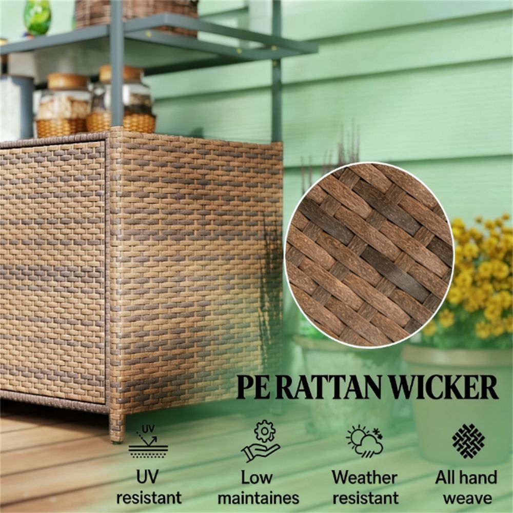 Outdoor Rattan Bar Cart with Cabinet Storage and Towel Rack
