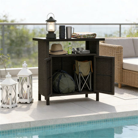Dark Coffee Outdoor Storage Cabinet with Tabletop and Shelf