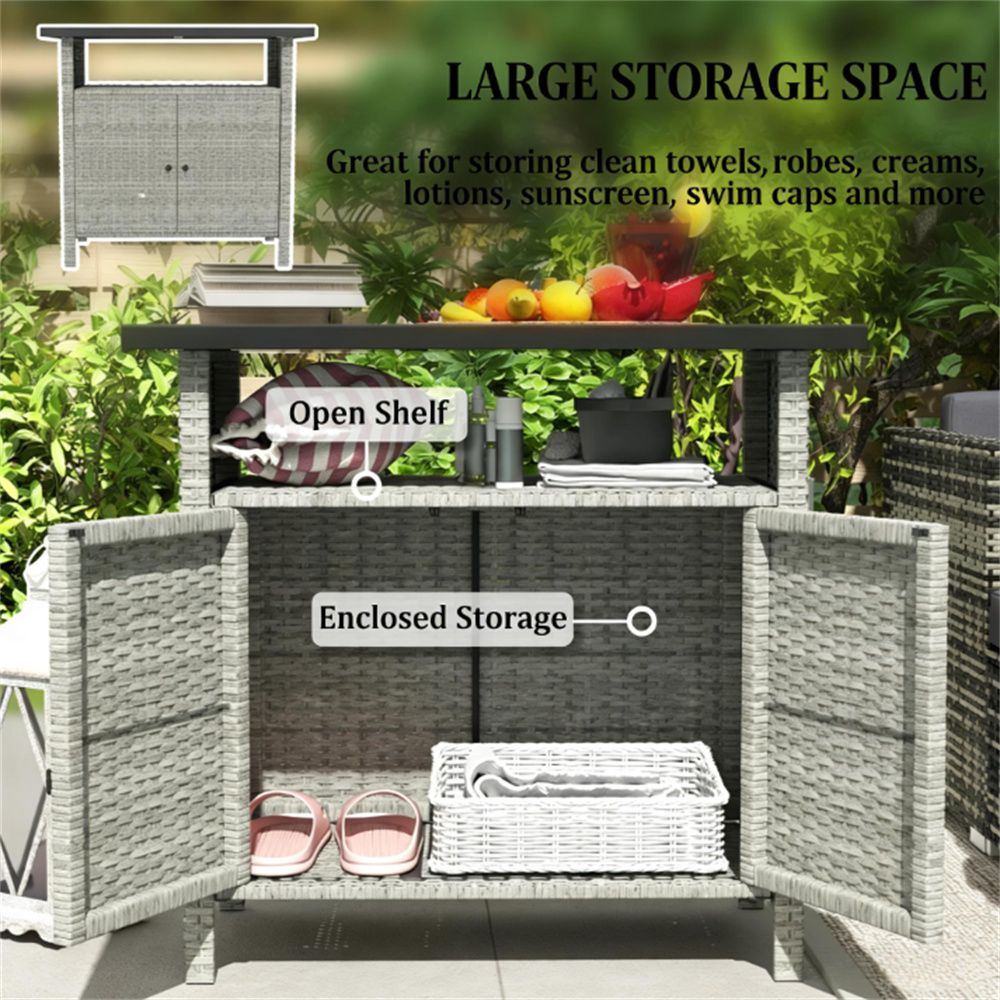 Outdoor Storage Cabinet with Tabletop and Shelf - Gray