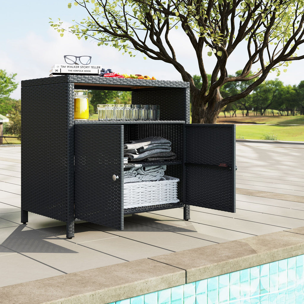 Outdoor Storage Cabinet with Acacia Wood Top, Two Doors, Shelf, Wicker Bar Table for Pool