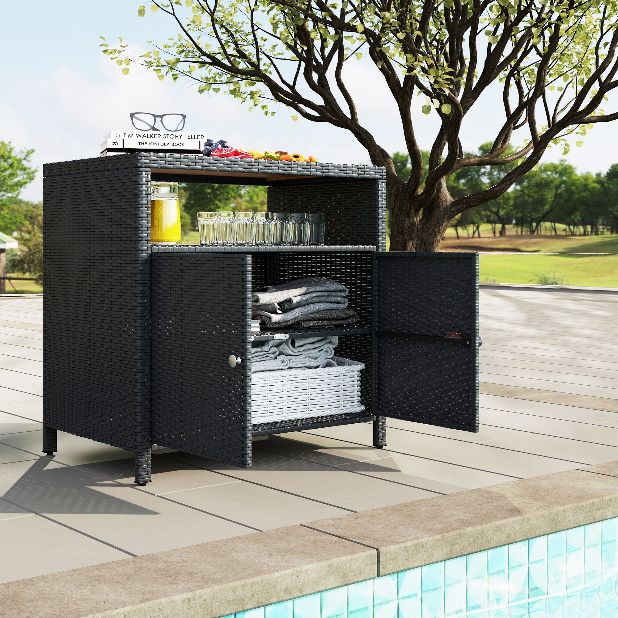 Outdoor Storage Cabinet with Acacia Wood Top, Two Doors, Shelf, Wicker Bar Table for Pool