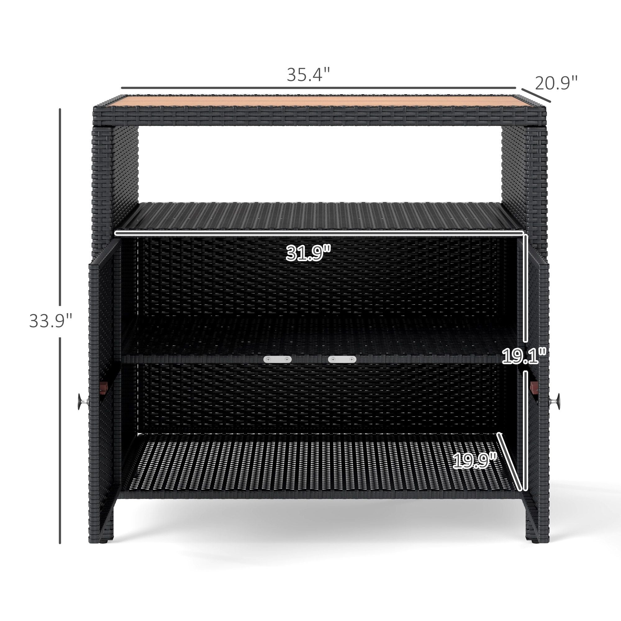 Outdoor Storage Cabinet with Acacia Wood Top, Two Doors, Shelf, Wicker Bar Table for Pool