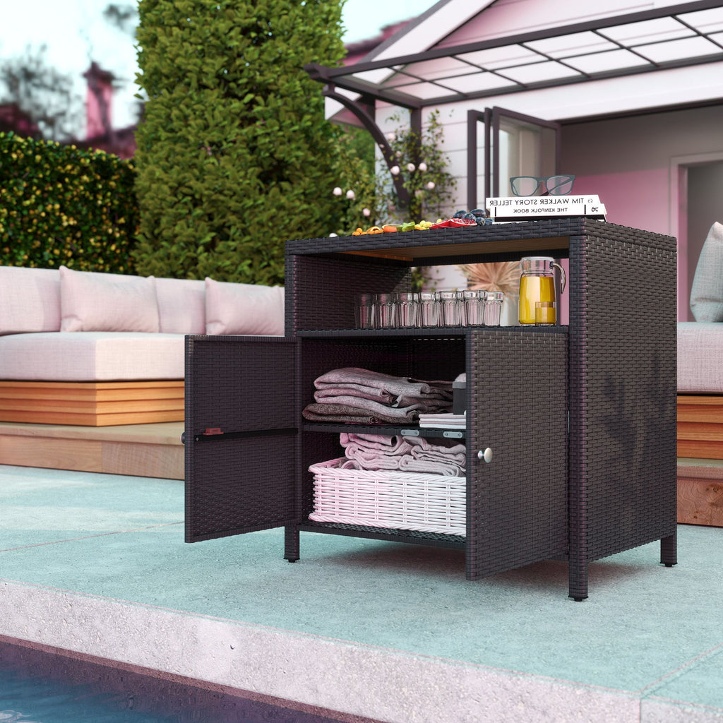 Outdoor Storage Cabinet with Acacia Wood Top, Two Doors, Shelf, Wicker Bar Table for Pool