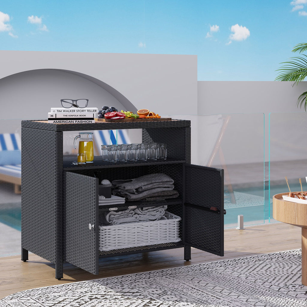 Outdoor Storage Cabinet with Acacia Wood Top, Two Doors, Shelf, Wicker Bar Table for Pool