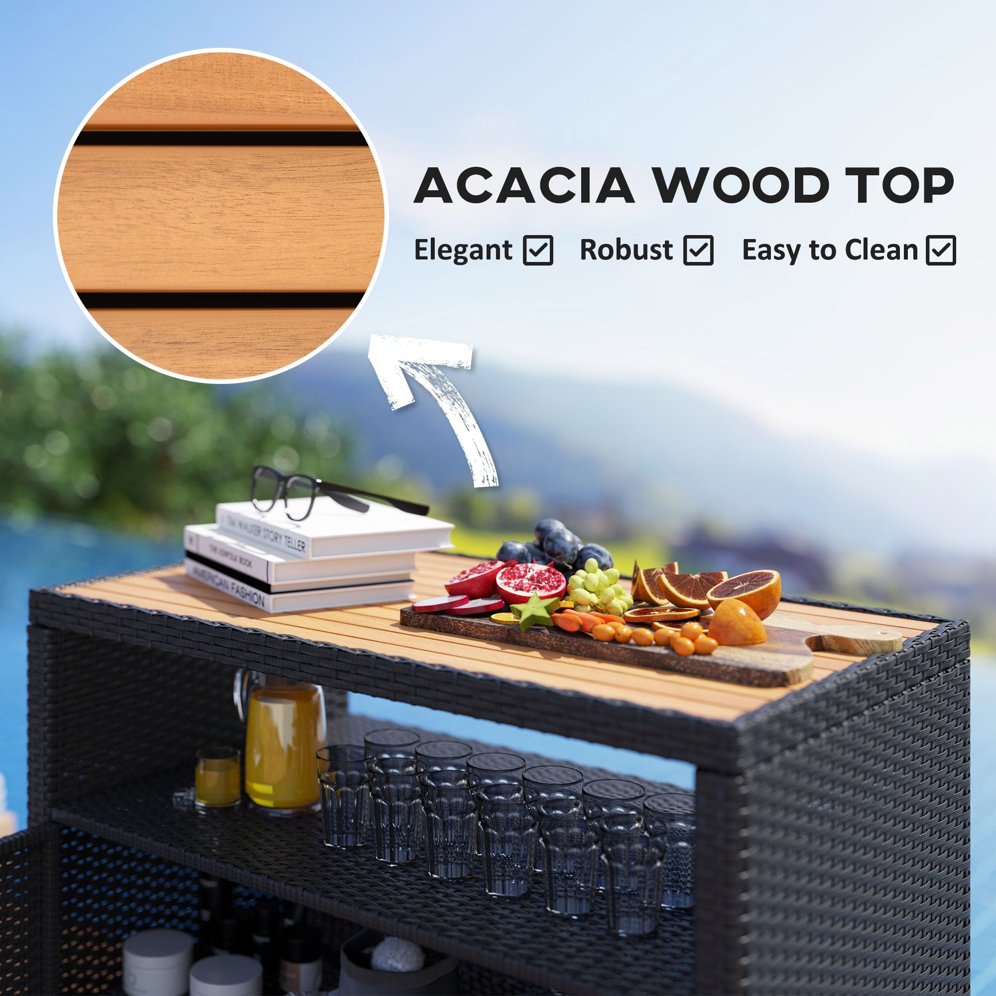 Outdoor Storage Cabinet with Acacia Wood Top, Two Doors, Shelf, Wicker Bar Table for Pool