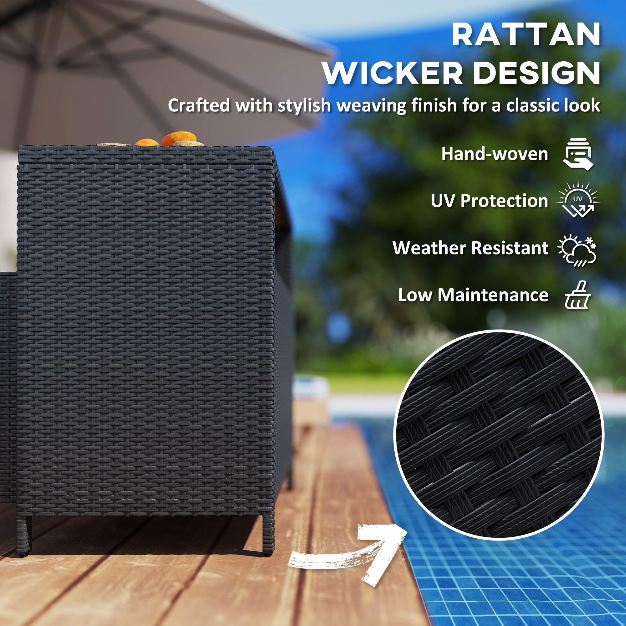 Outdoor Storage Cabinet with Acacia Wood Top, Two Doors, Shelf, Wicker Bar Table for Pool