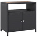 Outdoor Storage Cabinet with Acacia Wood Top, Two Doors, Shelf, Wicker Bar Table for Pool