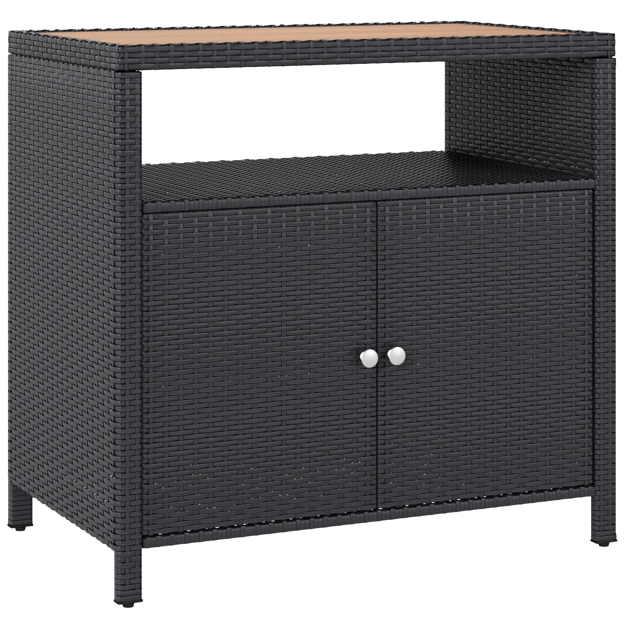 Outdoor Storage Cabinet with Acacia Wood Top, Two Doors, Shelf, Wicker Bar Table for Pool