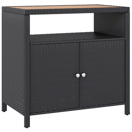Outdoor Storage Cabinet with Acacia Wood Top, Two Doors, Shelf, Wicker Bar Table for Pool