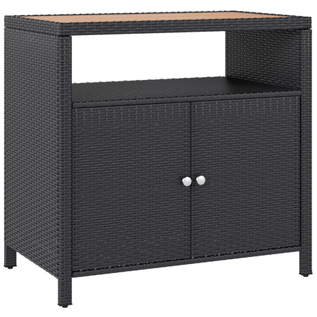 Outdoor Storage Cabinet with Acacia Wood Top, Two Doors, Shelf, Wicker Bar Table for Pool